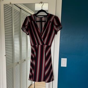 Striped V-Neck Dress - Black, Red, White